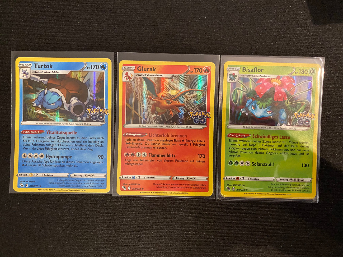 Pokémon GO Glurak Bisaflor Turtok Holo Set DE NM Boosterfrisch 017/010/003/078